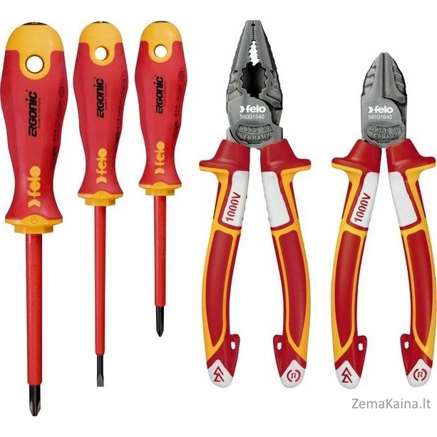 Felo įrankių rinkinys 3 FELO atsuktuvų rinkinys - ERGONIC VDE 4.0/PH1/PH2 + VDE 160 šoniniai pjovikliai / VDE 180 kombinuotos replės + magnetizatorius