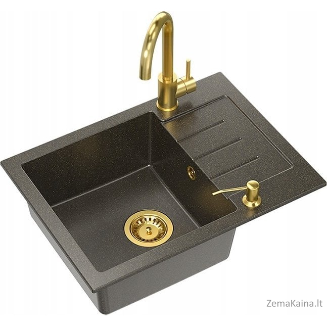 Steiner ART JOHNNY 116 kriauklė (60x44x18,5) GraniteQ Art Gold Black Pearl su rankiniu sifonu, Naomi čiaupas ir dozatorius - juodo aukso opalas