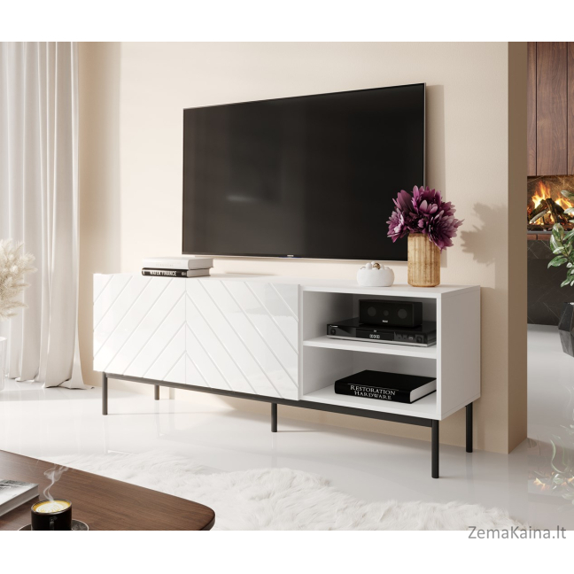 ABETO RTV spintelė ant juodo plieno rėmo 150x42x60 cm balta / blizgi balta 1