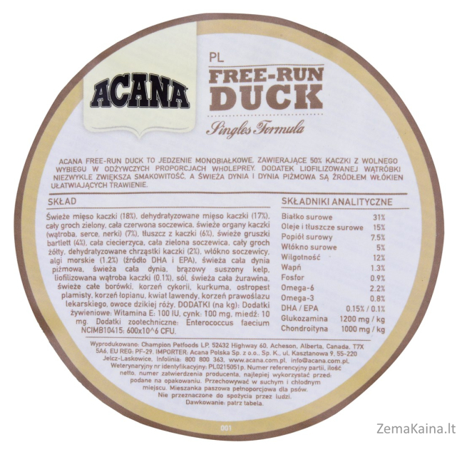 ACANA SINGLES Free-Run Duck Sausas šunų maistas Antis 2 kg 1