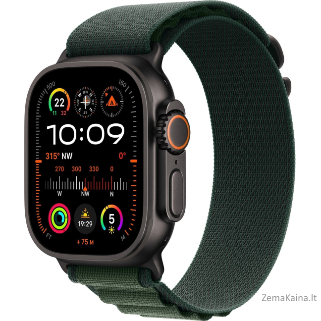 Apple išmanusis laikrodis Apple Watch Ultra 2 GPS + mobilusis 49 mm juodas titano dėklas su tamsiai žalia Alpine kilpa – didelis