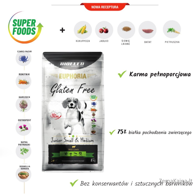 BIOFEED Euphoria Gluten Free Junior small & medium Lamb - dry dog food - 12kg 1