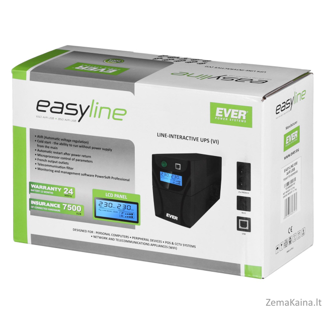 Ever EASYLINE 850 AVR USB „Line-Interactive“ 0,85 kVA 480 W 2 AC išvestis(ys / čių) 7