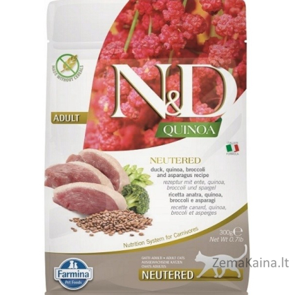 FARMINA N&D Quinoa Cat Duck, Broccoli, Asparagus Neutered Adult - sausas kačių maistas - 300 g
