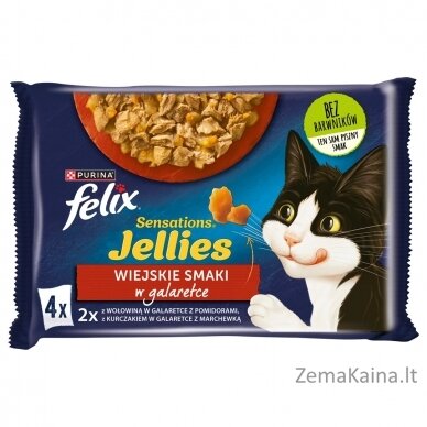 Felix Sensations - jautiena ir pomidorai bei vištiena ir morkos želėje - kačių ėdalas - 4 x 85g