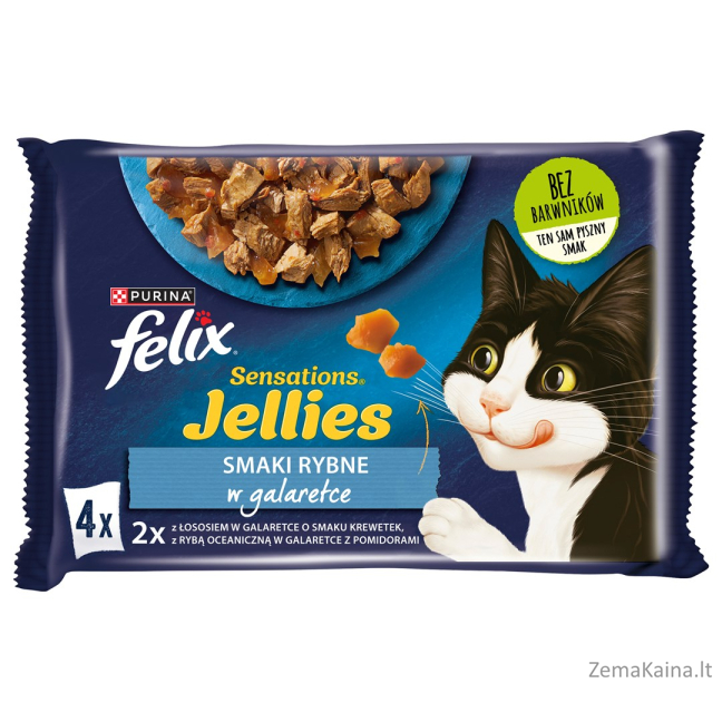 Felix Sensations Mix - lašiša, krevetės, vandenyno žuvys su pomidorais - drėgnas maistas katėms - 4x85 g