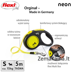 Flexi New NEON 5 m Juoda, Geltona Šuo Susitraukiantis pavadėlis