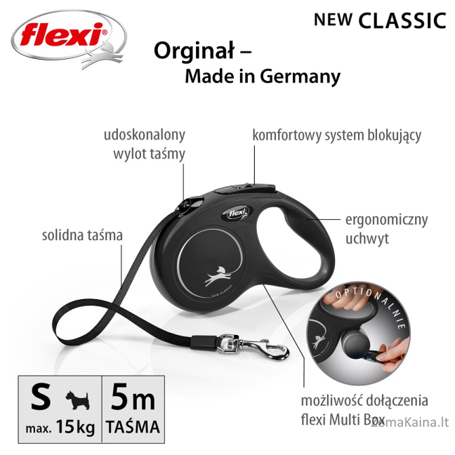 Flexi New CLASSIC 5 m Juoda Šuo Susitraukiantis pavadėlis 1