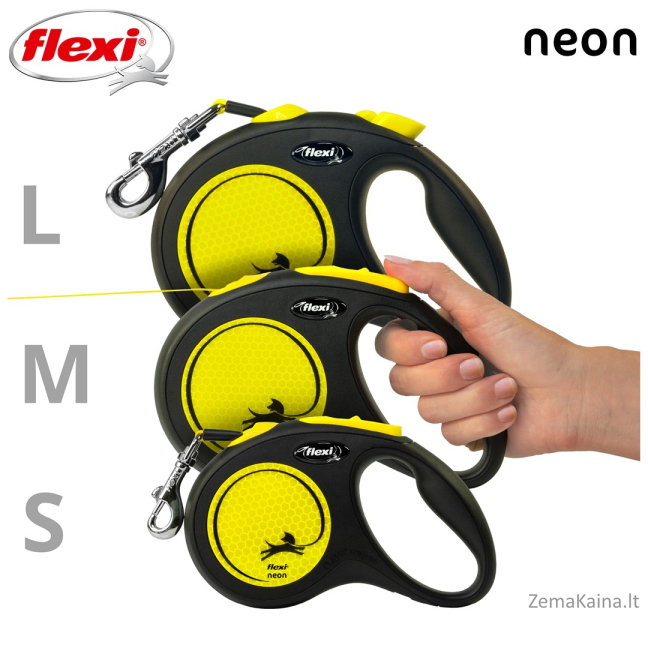 Flexi New NEON 5 m Juoda, Geltona Šuo Susitraukiantis pavadėlis 3
