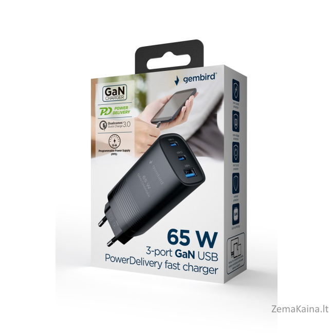 Gembird TA-UC-PDQC65-01-BK 3 prievadų 65 W GaN USB PowerDelivery greitas įkroviklis, juodas 3
