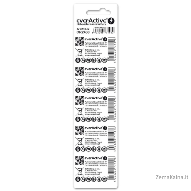 Mini everActive CR2430 ličio baterijos lizdinė plokštelė, 5 vnt. 1
