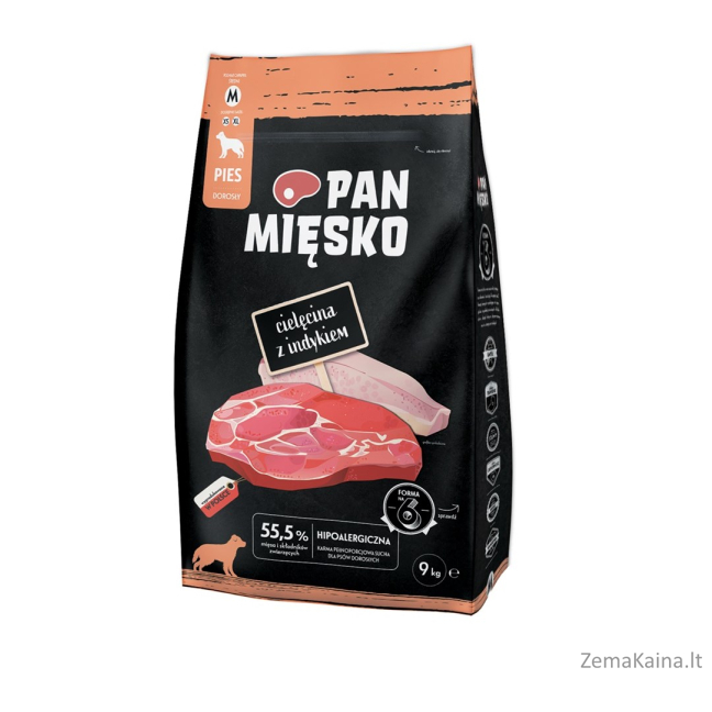 PAN MIĘSKO Veal with turkey M - sausas maistas šunims - 9kg