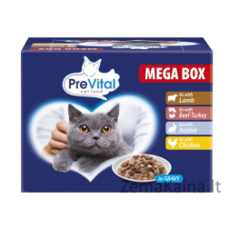 PREVITAL Kačių Maistas Megabox su Ėriena, Jautiena, Triušiena ir Vištiena padaže - šlapias kačių maistas - 24 x 100g