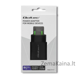 Qoltec 51713 Įkroviklis | 18W | 5-12V | 1,5-3A | USB tipo C PD | USB QC 3.0 | Juoda