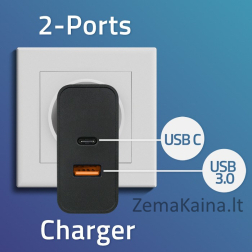 Qoltec 52380 Super greitas PD įkroviklis | 1xUSB-C | 1xUSB | 65W | 5-20V | 1,5-3,25A | Juoda