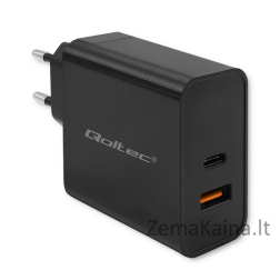 Qoltec 52380 Super greitas PD įkroviklis | 1xUSB-C | 1xUSB | 65W | 5-20V | 1,5-3,25A | Juoda