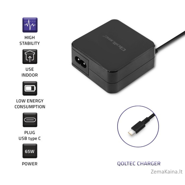Qoltec 51027 Įkroviklis | 65W | 5-20,3V | 2-3,25A | USB tipas C | PD 2