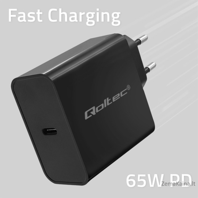 Qoltec 52379 Super greitas PD įkroviklis | 1xUSB-C | 65W | 5-20V | 3-3,25A | Juoda 3