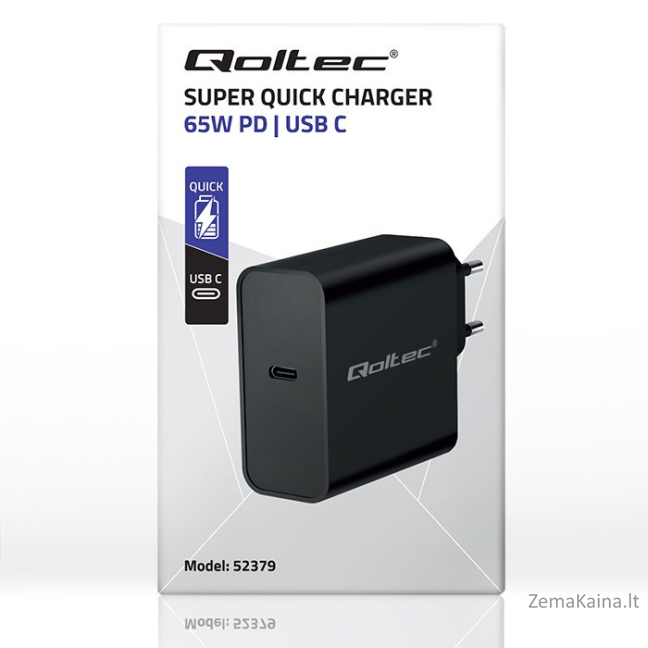 Qoltec 52379 Super greitas PD įkroviklis | 1xUSB-C | 65W | 5-20V | 3-3,25A | Juoda 7
