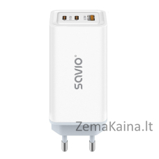 SAVIO LA-07 GaN 65W tinklo įkroviklis, USB, QC4.0+, PD 3.0, baltas