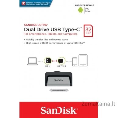 Sandisk Ultra Dual Drive USB Type-C USB atmintukas 32 GB USB Type-A / USB Type-C 3.2 Gen 1 (3.1 Gen 1) Juoda, Sidabras 9