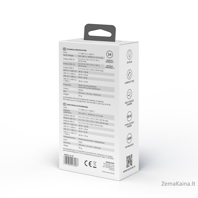 SAVIO LA-07 GaN 65W tinklo įkroviklis, USB, QC4.0+, PD 3.0, baltas 1