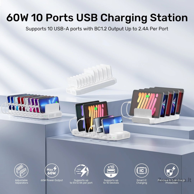 UNITEK CHARGING STATION 10X USB 2.4A 60W WHITE 5